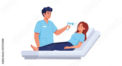 Flat Design of Nurse Checking Patient Temperature in Clinic

