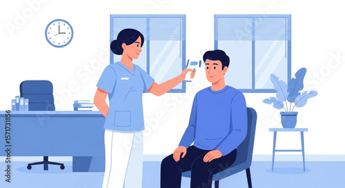 Flat design illustration of nurse checking patient's temperature in clinic
