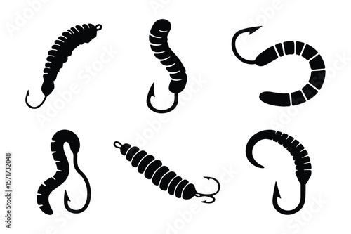 Silhouette of fishing lure and bait icons for outdoor design.
