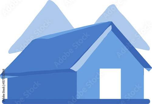 Solid blue mountain cabin icon on white background, home concept