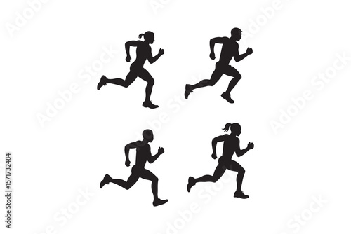 Four Running Silhouettes of Men and Women.A collection of four dynamic black silhouettes of men and women running.