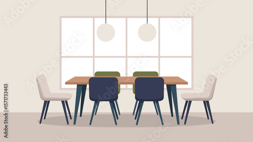 A dining room scene with a table chairs and two hanging light fixtures above it