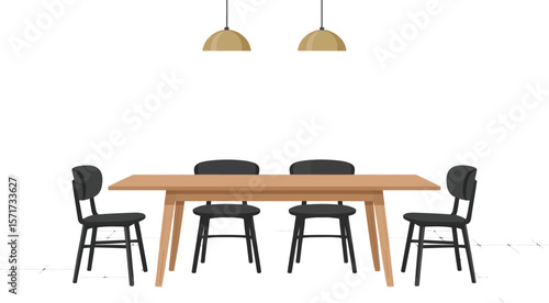 A dining room with a light wood table and four black chairs under pendant lights