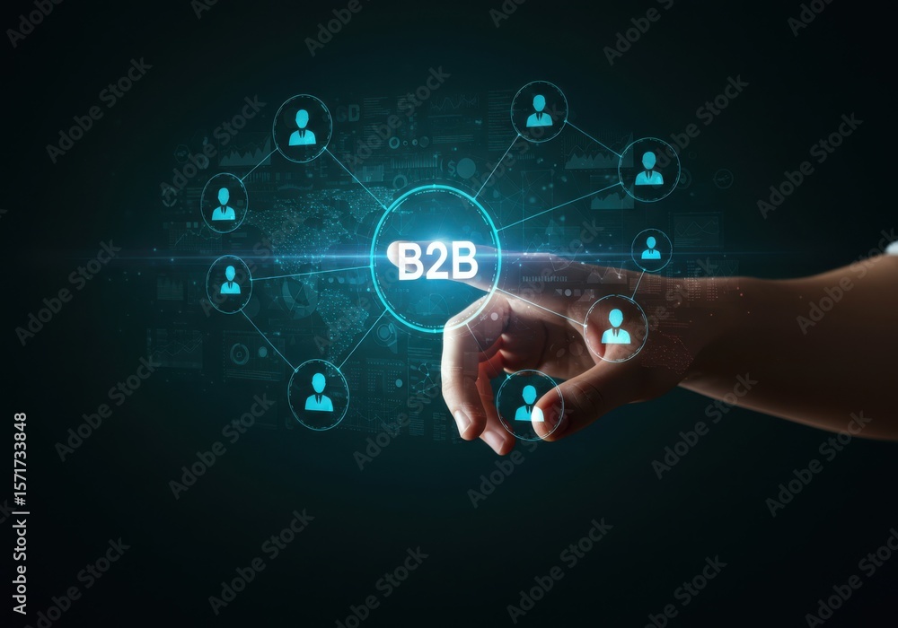 Obraz premium Hand interacting with a digital b2b network connecting business professionals on a futuristic interface