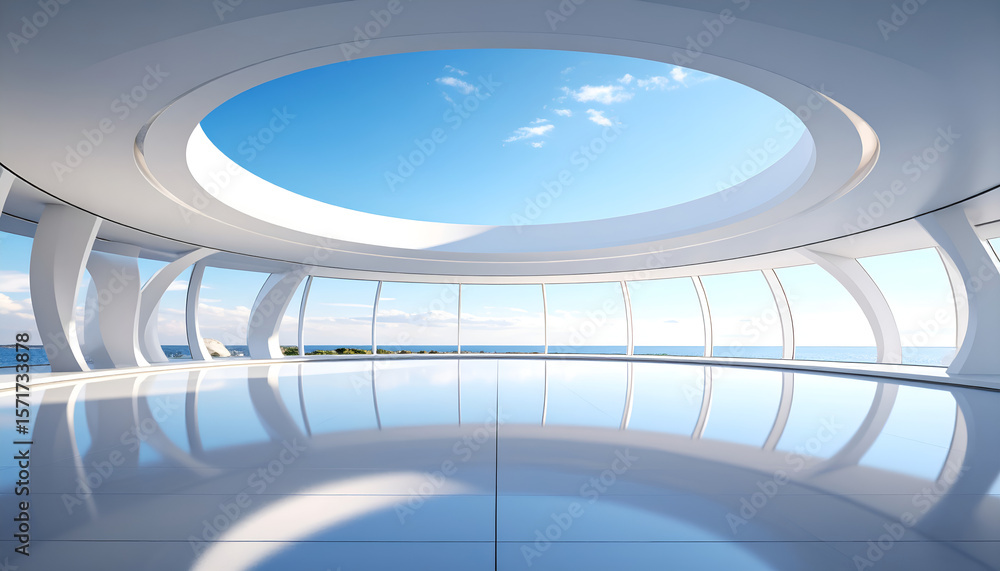 Fototapeta premium A futuristic circular room with panoramic ocean views, featuring a large skylight and reflective floor.
