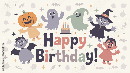 Flat vector illustration of cute Halloween characters – smiling pumpkin, ghost, witch, black cat, and vampire, in minimal cartoon style with soft colors