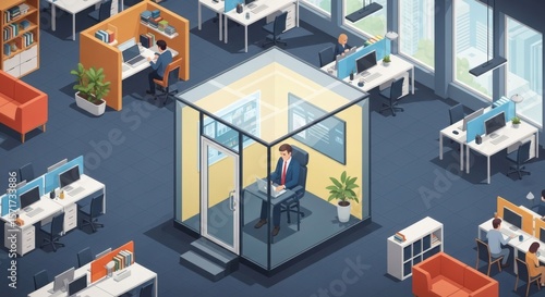 Isometric office scene depicting a businessman working inside a glass cube private office