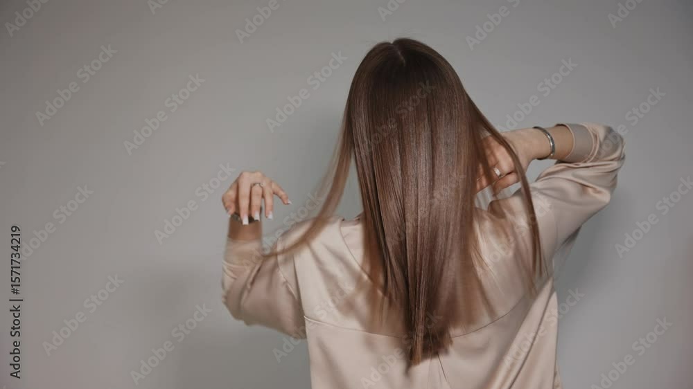 Woman shows healthy strong and shiny hair after keratin haircare treatment procedure in salon hairdresser.