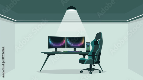 A gaming setup with two monitors a desk and a chair in a minimalist room setup
