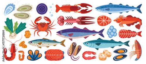 Collection of Colorful Flat Seafood Illustrations