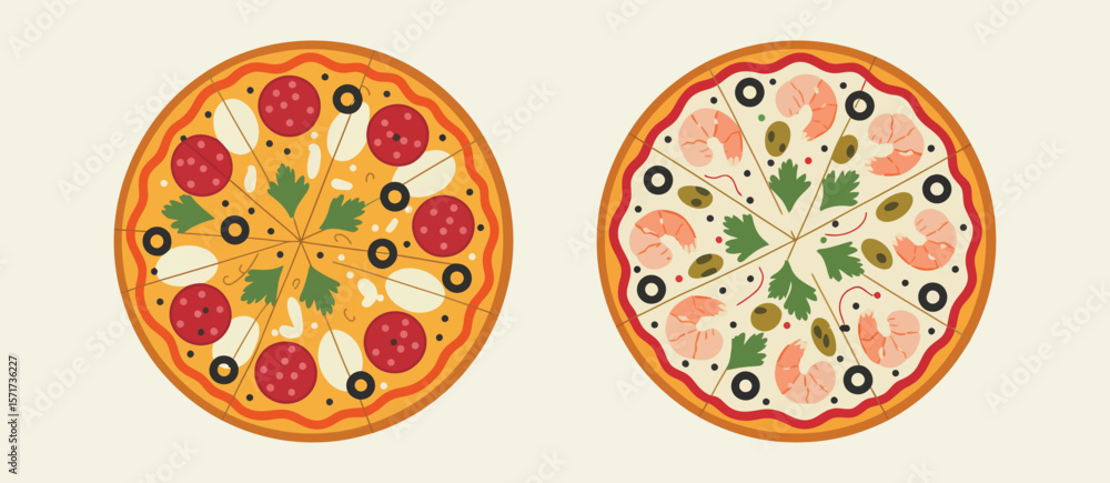 Two Different Pizzas with Colorful Toppings Two Different Pizzas with Colorful Toppings