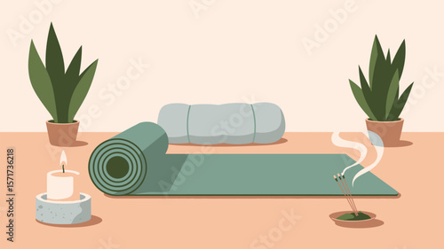 A yoga mat with a bolster and plants with a candle and incense sticks burning