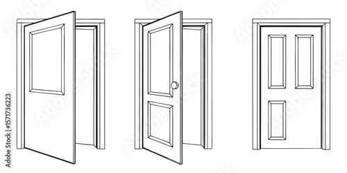 Three interior doors with different styles and open positions isolated on white background silhouette