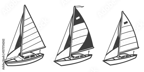 Three distinct sailboat silhouettes with detailed sails and hulls isolated on white background silhouette