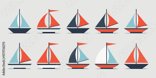 Collection of colorful sailboats with geometric sails and hulls isolated on white background silhouette
