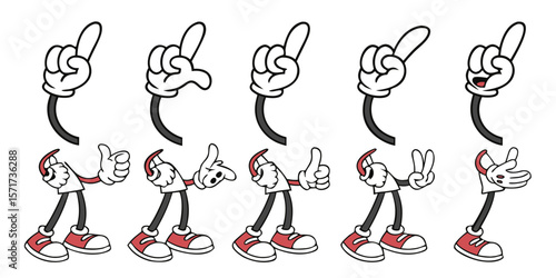 Collection of cartoon character arms and legs in classic animation style silhouette isolated on white background