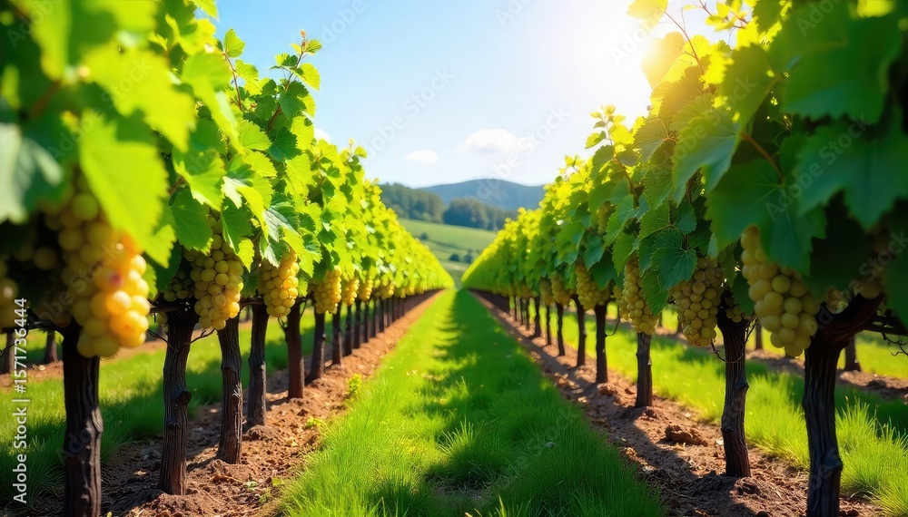 Naklejka premium Sunlight dapples rows of lush, green grape vines heavy with ripening fruit, promising a bountiful harvest at a picturesque winery vineyard , fruit, agricultural