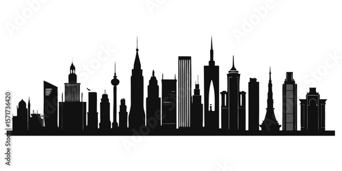 Diverse cityscape skyline silhouette with famous landmarks isolated on white background silhouette