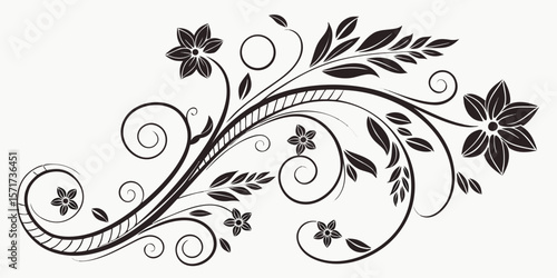 Elegant black floral vine with swirling tendrils and small flowers isolated on white background silhouette