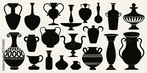 Collection of ancient greek pottery silhouettes featuring amphorae krater and vases isolated on white background