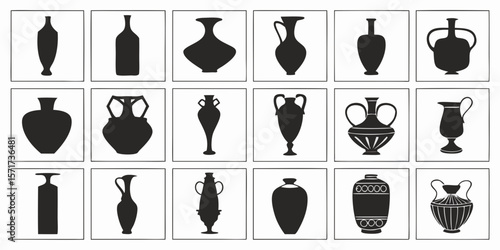 Collection of ancient greek amphorae and vases silhouette designs isolated on white background