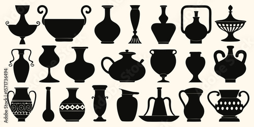 Collection of ancient greek pottery silhouettes isolated on white background