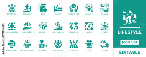Lifestyle Icon Set. Includes icons of wellness, fitness, travel, food, hobbies, and daily routine. Perfect for blogs, apps, magazines, and personal branding projects.
