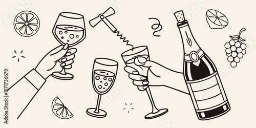 Hands holding champagne glasses and bottle with corkscrew grapes and citrus slices silhouette isolated on white background