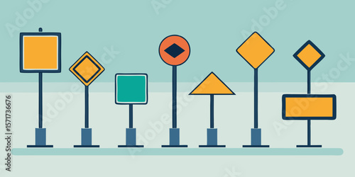 Collection of various road signs and traffic signals in a stylized illustration silhouette isolated on white background