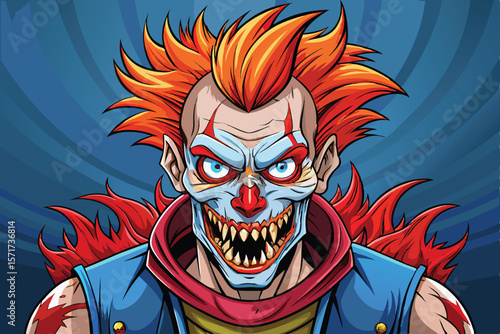 Horror Clown with Fiery Hair a Terrifying Blend of Madness and Menace, A Sinister Figure of Nightmares
