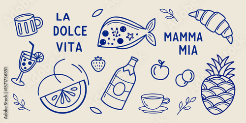 La dolce vita mamma mia italian phrases with food and drink icons silhouette isolated on white background