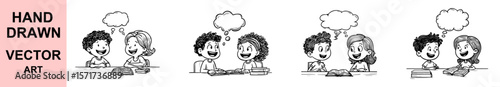 Kids Studying Together Talking Thought Bubbles Education Hand Drawn Vector Illustration Set