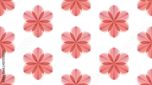 Repeating pattern of six petal pink flowers on a light background illustration