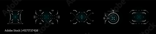 Futuristic target HUD UI with radar, crosshair, scope and sniper sight. Cyber tech vector interface for shooting game, military dashboard or sci fi display. Neon blue design elements and diagrams.