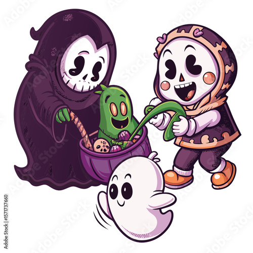 Whimsical Halloween Cartoon of Cute Characters in Costumes