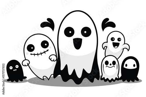 Spooky and Playful Cartoon Ghosts Gather Together for Halloween Fun