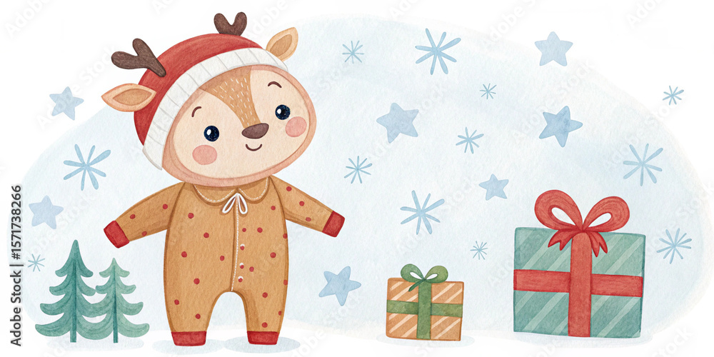 Fototapeta premium Adorable Festive Illustration of a Little Deer Celebrating Winter Holidays with Presents