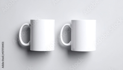 Two White Mugs Simple Design on Light Gray Background Mockup