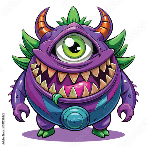 Cartoon Cyclops Monster with Large Teeth and Horns Stands Proudly
