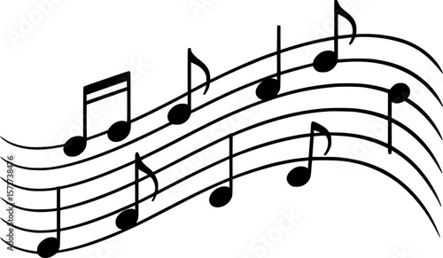 A simple graphic of music notes flowing across multiple musical staffs.