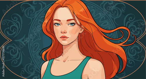 Beautiful girl with long red hair fluttering in the wind. Fiery grace: woman in teal. Vector, EPS 10 file.