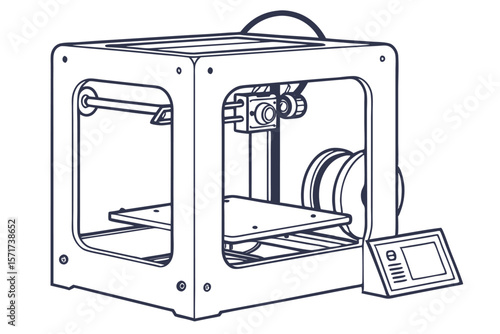Detailed Line Drawing of a 3D Printer Demonstrating its Intricate Mechanics and Structure