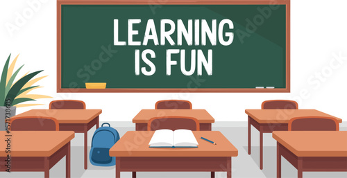 A classroom with desks and a chalkboard that says learning is fun in white text