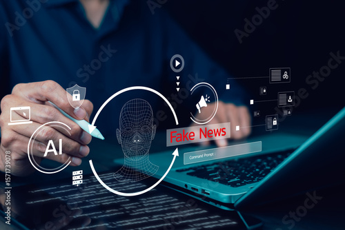 Fake News and AI, artificial intelligence, fake news on internet. Propaganda, disinformation and hoax concept. Disinformation Security, AI technology, Deepfake deep learning, deceptive stories.