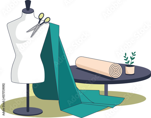 A mannequin with fabric and scissors next to a table with rolled fabric and plant