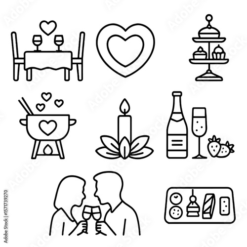 Romantic Dining Icons. Outline style icons of Romantic Dining Silhouette: dinner for two setup, heart-shaped plate, covered dish,
