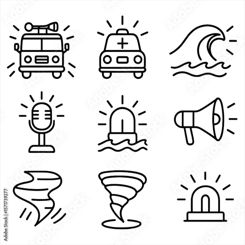 Emergency Signal Icons. Outline style icons of Emergency Sound Signals: firetruck horn, ambulance siren, tsunami alert icon,