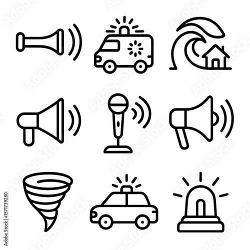 Emergency Signal Icons. Outline style icons of Emergency Sound Signals: firetruck horn, ambulance siren, tsunami alert icon,