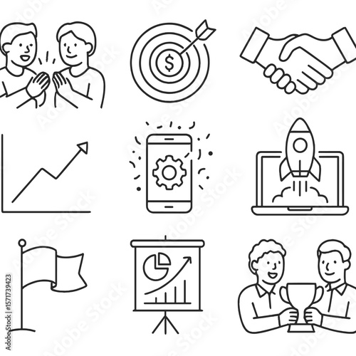 Startup Milestone Icons. Outline style icons of Start-up Milestones: first customer celebration, funding goal met, product launch