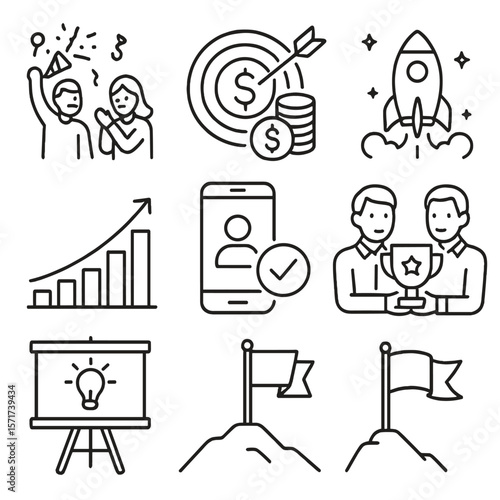 Startup Milestone Icons. Outline style icons of Start-up Milestones: first customer celebration, funding goal met, product launch